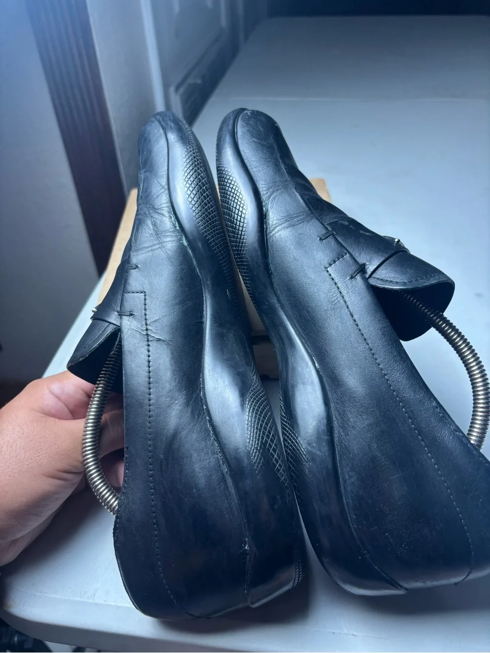 Prada Loafers Mens 7.5 UK / 8.5 Black Leather Triangle Logo Italy Preppy glued